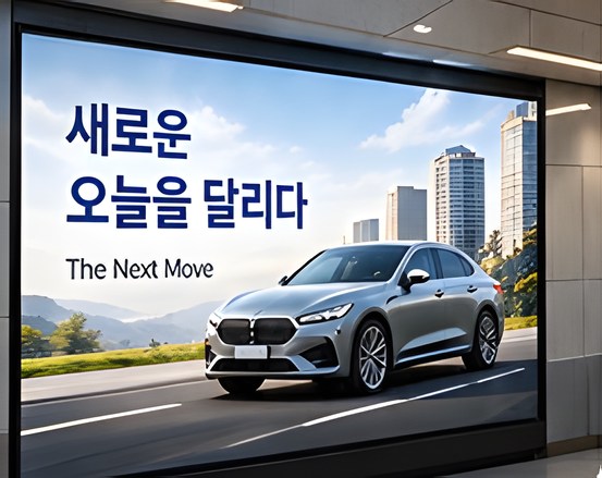실내 대형 화면의 자동차 광고