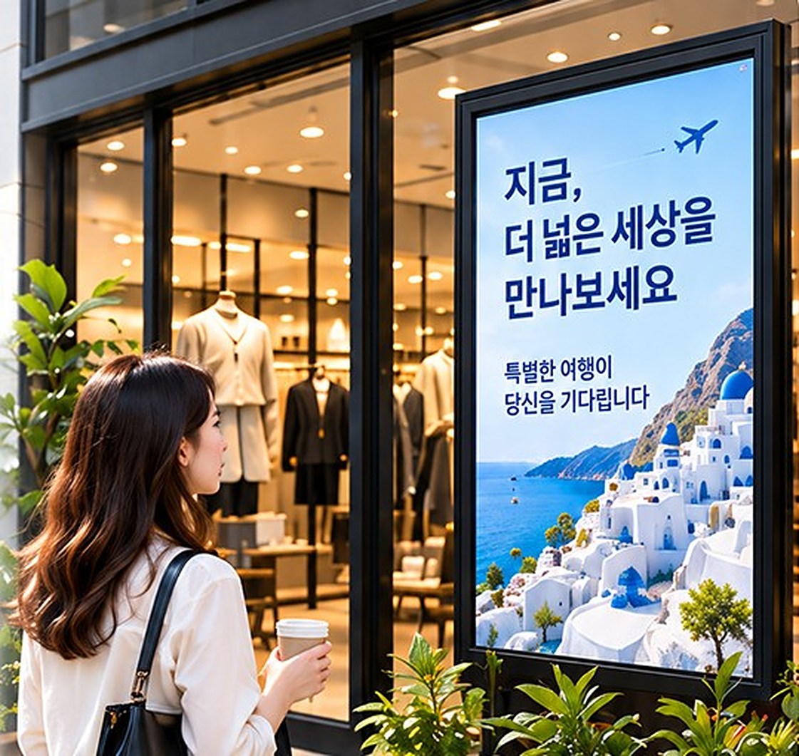 매장 쇼윈도 옆 디지털 사이니지의 여행 광고를 바라보는 사람
