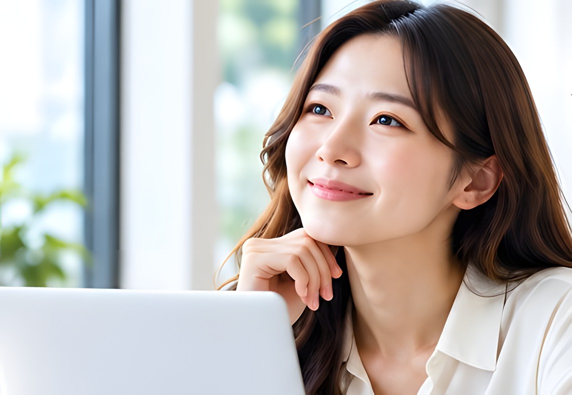 노트북 앞에서 광고할 곳을 고민하며 미소 짓는 광고주