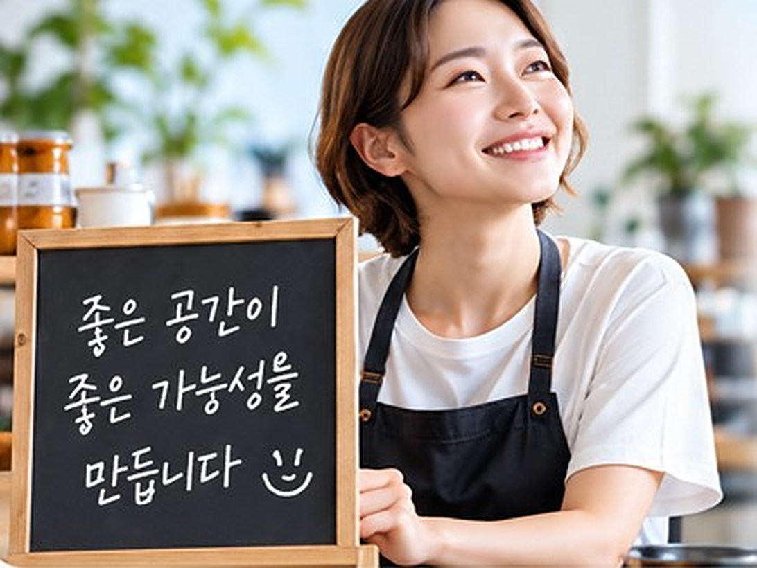 ‘좋은 공간이 좋은 가능성을 만듭니다’라고 쓴 칠판을 든 카페 운영자