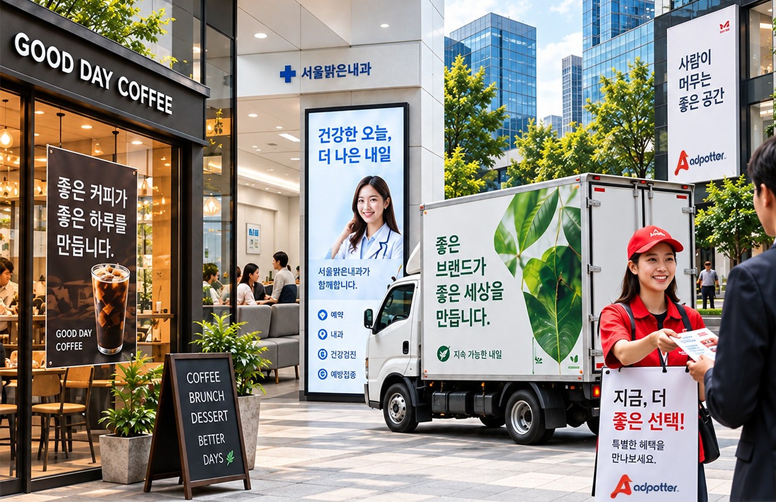 카페 창문 포스터, 병원 로비 디지털 사이니지, 광고 차량, 홍보 인력이 함께 있는 거리 풍경