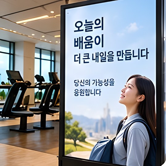 헬스장 벽면 화면의 교육 광고
