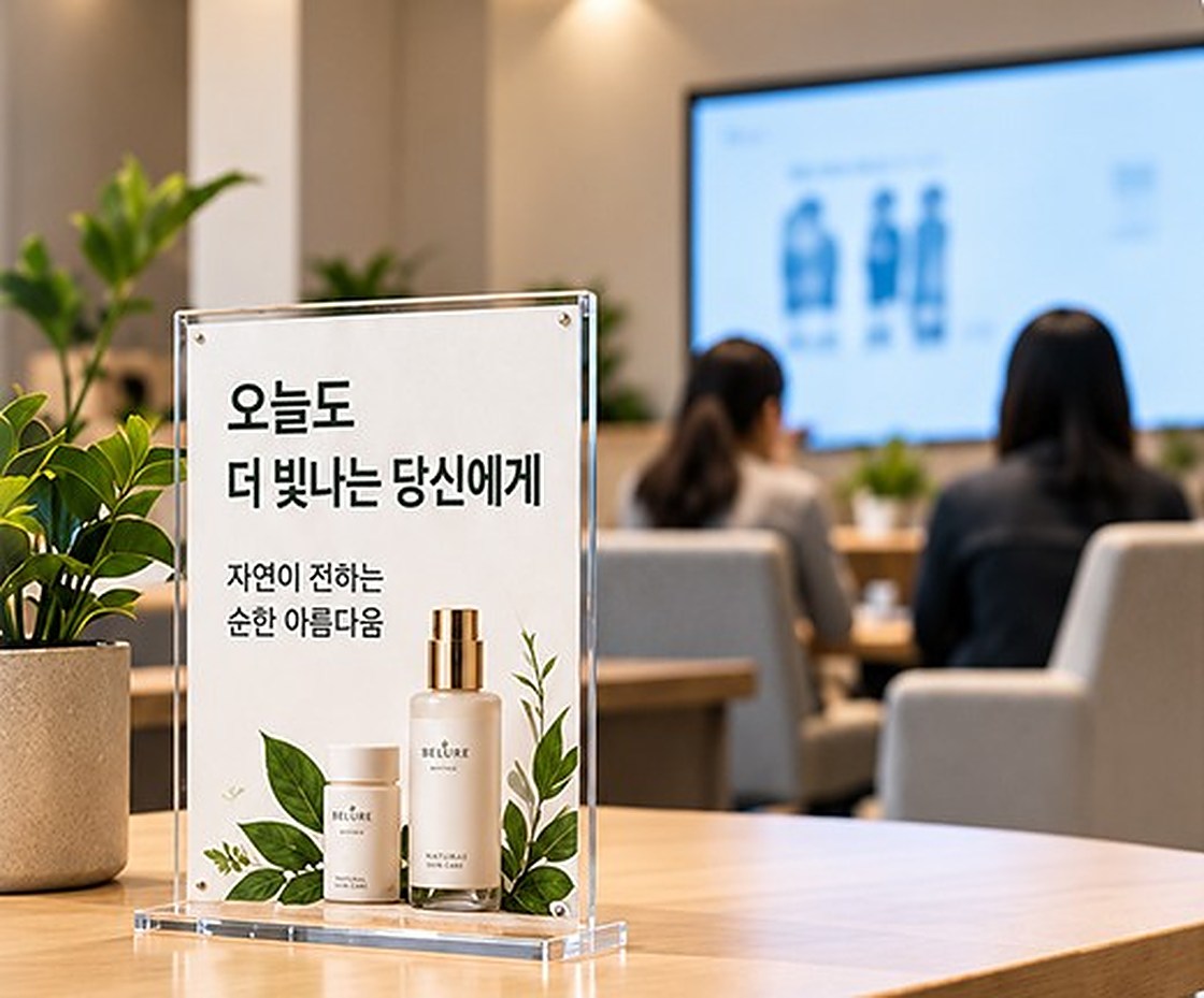 카페 테이블 위 아크릴 POP의 화장품 광고