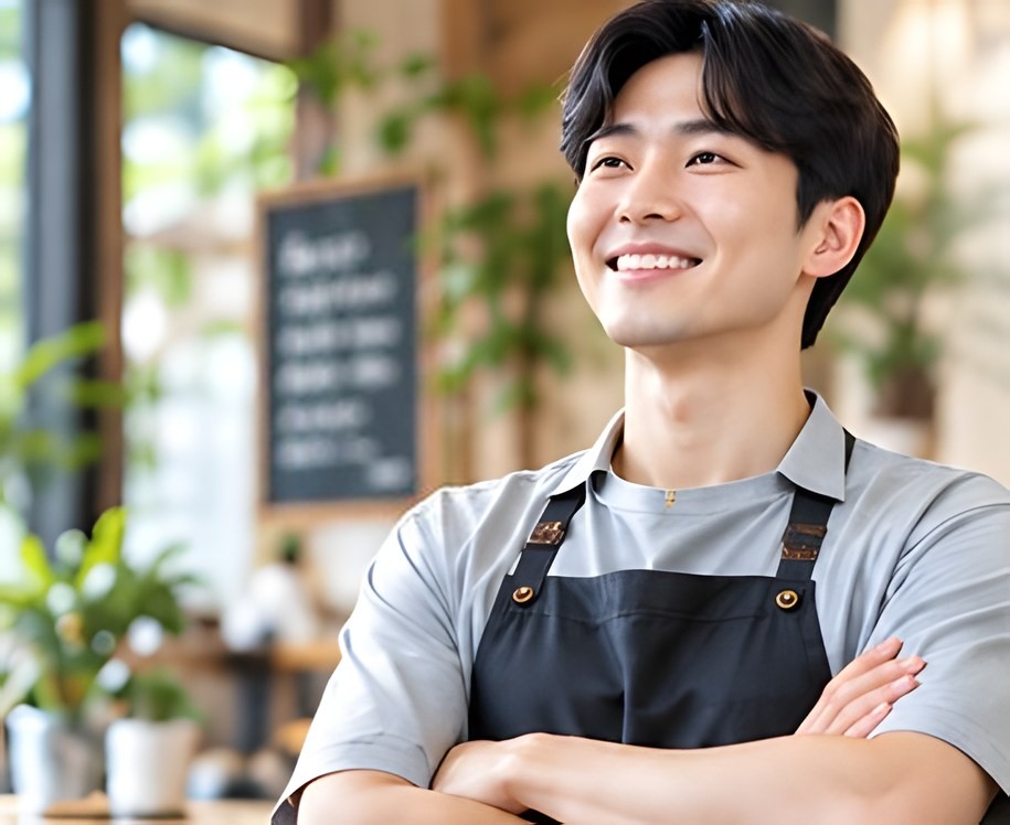 카페 앞에서 팔짱을 끼고 웃는 매체주