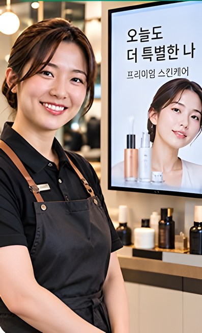 거울 옆 광고 화면 앞에 선 미용실 운영자(AI 예시 이미지)