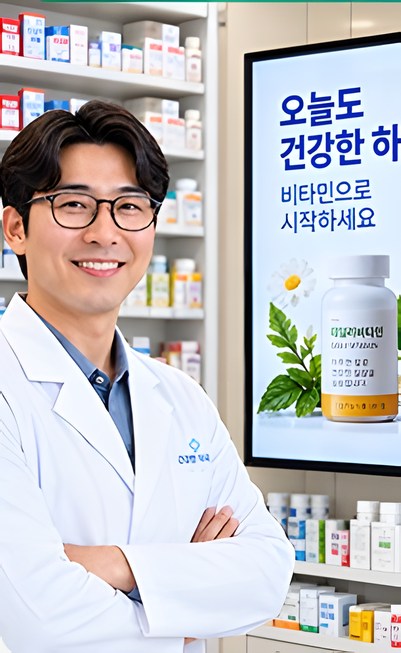 디지털 광고 화면 앞에 선 약사(AI 예시 이미지)