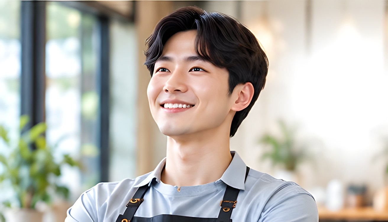 앞치마를 두르고 웃는 매체주