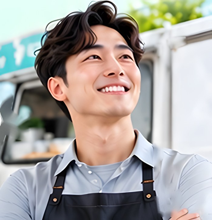 광고 차량 앞에서 팔짱을 끼고 웃는 매체주