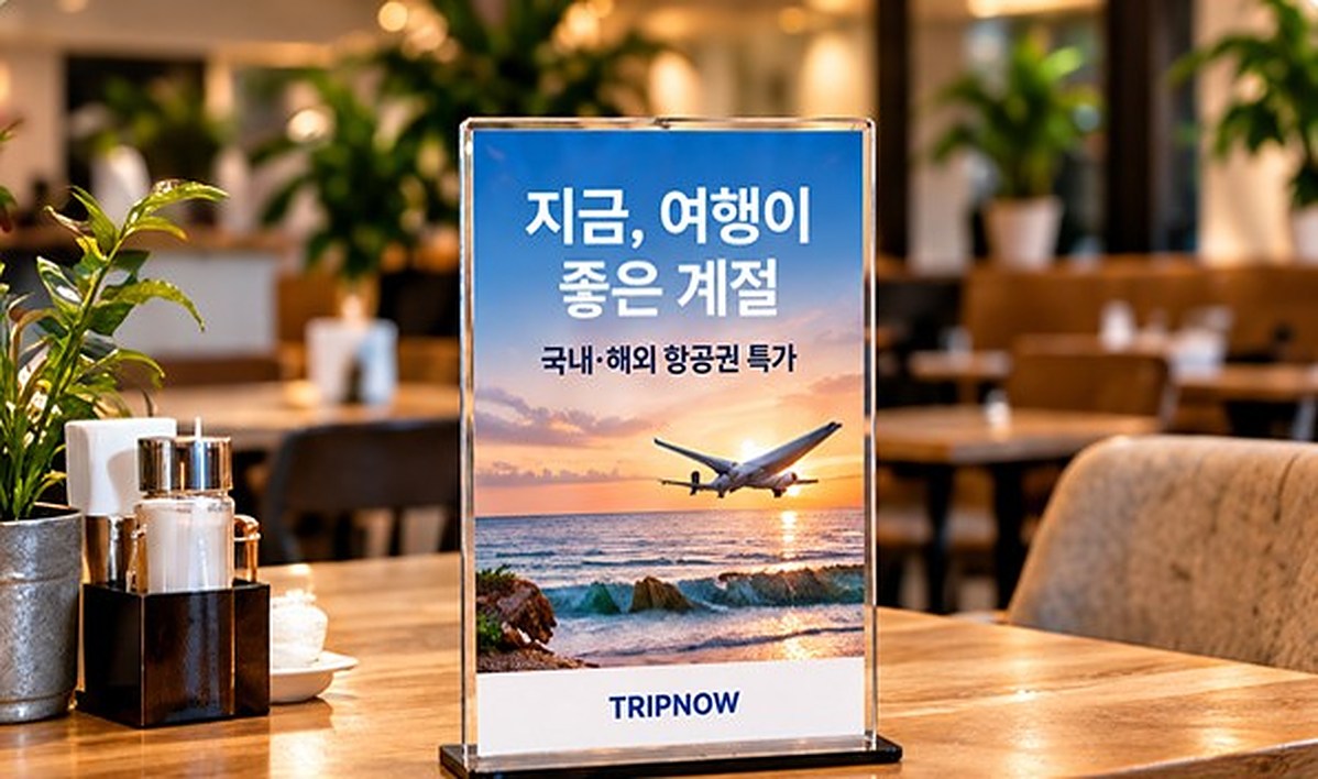 식당 테이블 위 아크릴 안내판의 여행 광고
