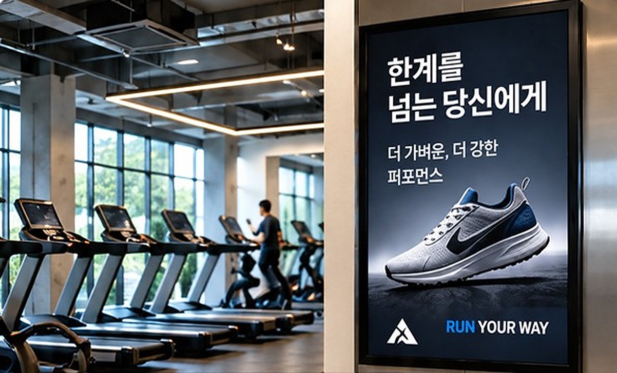 헬스장 벽면 액자의 운동화 광고