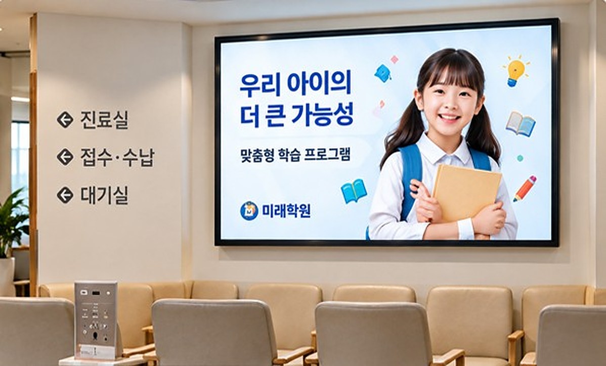 병원 대기실 화면의 학원 광고