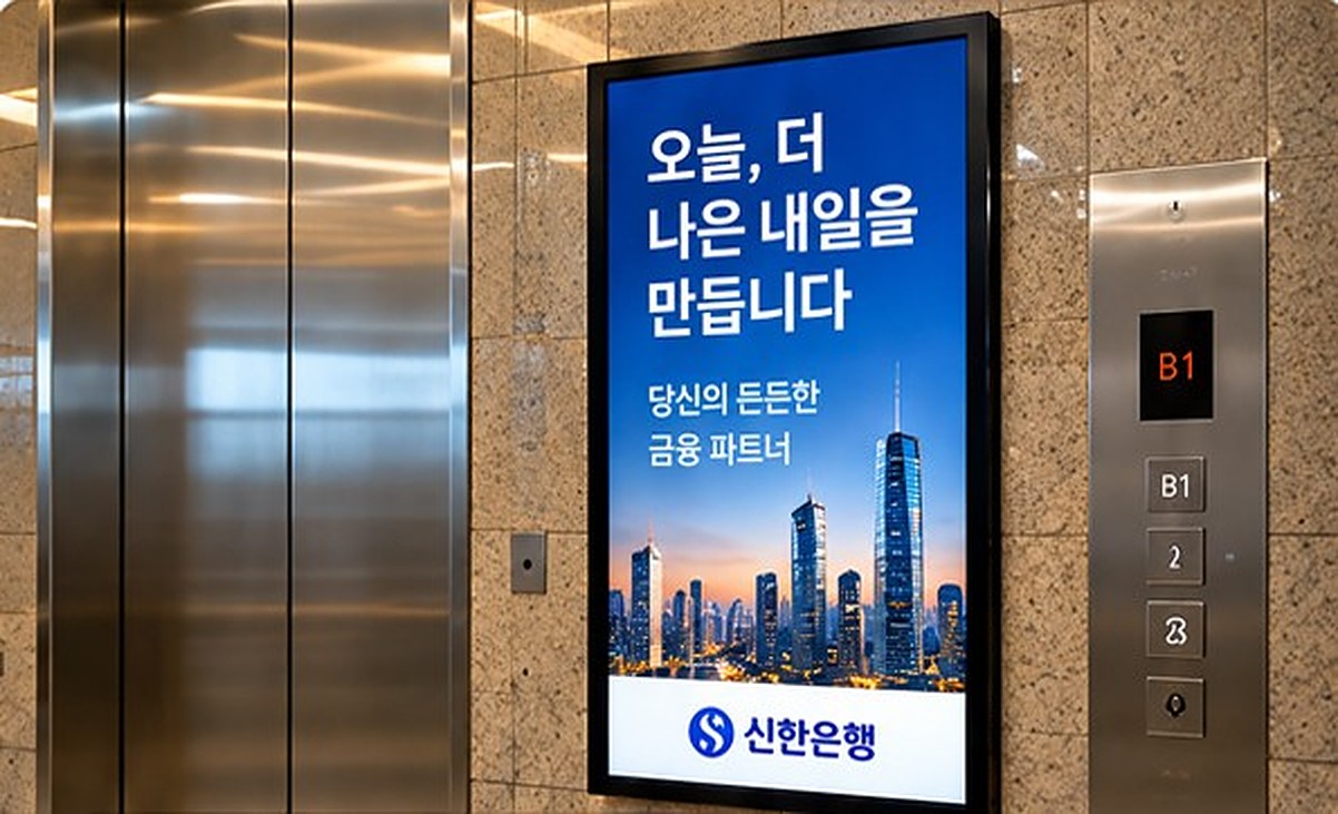 엘리베이터 옆 디지털 사이니지의 금융 광고