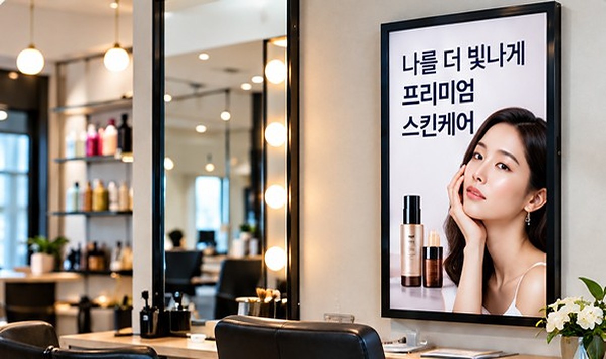미용실 거울 옆 스킨케어 광고 패널