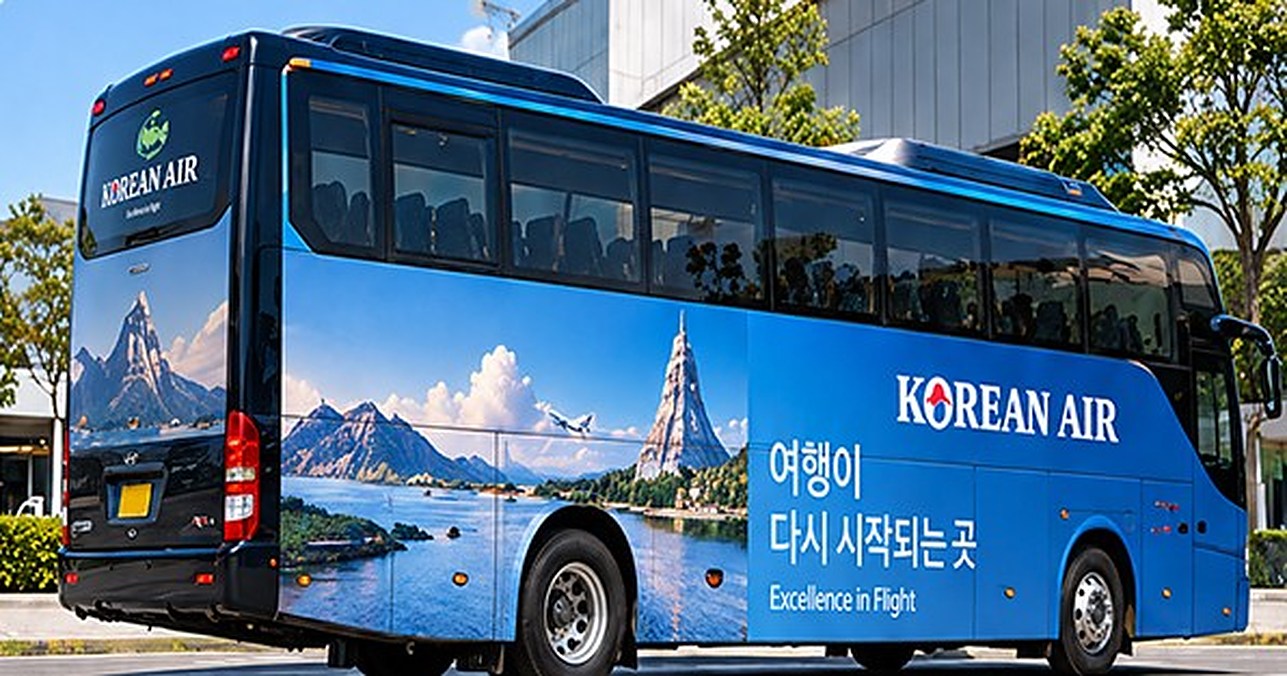 측면에 여행 광고를 래핑한 전세버스