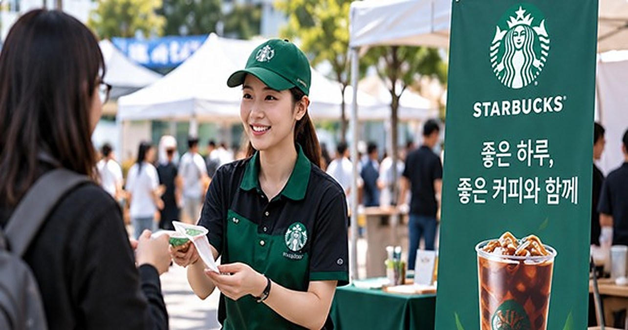행사장에서 시음권을 나눠 주는 홍보 인력