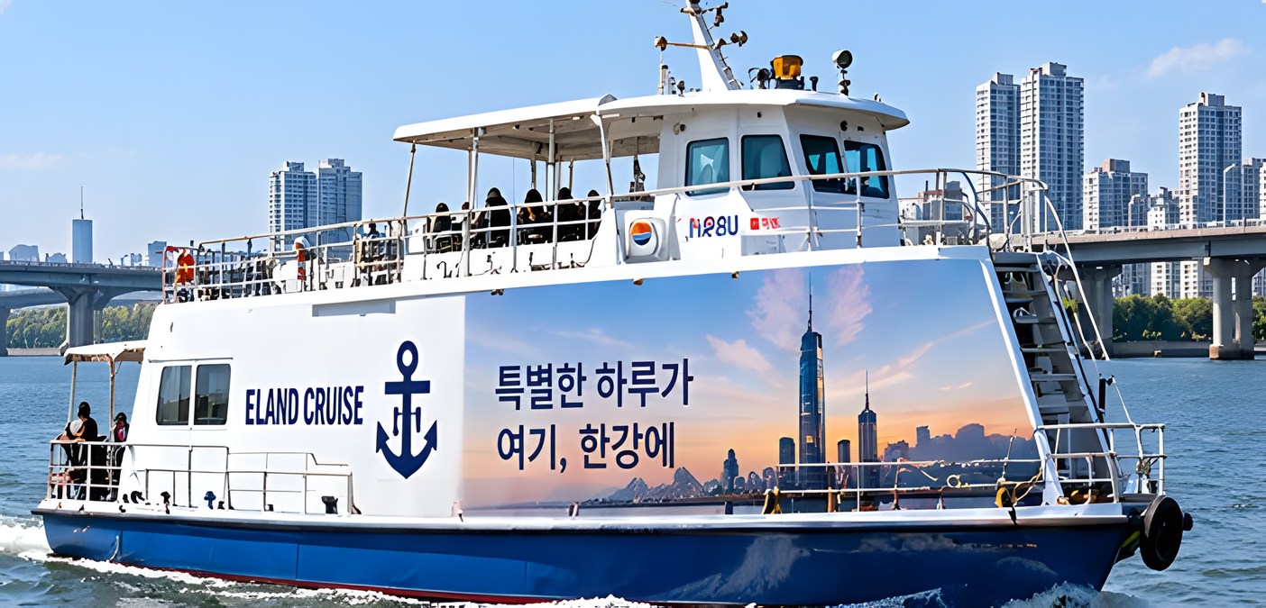 선체에 광고를 래핑한 유람선
