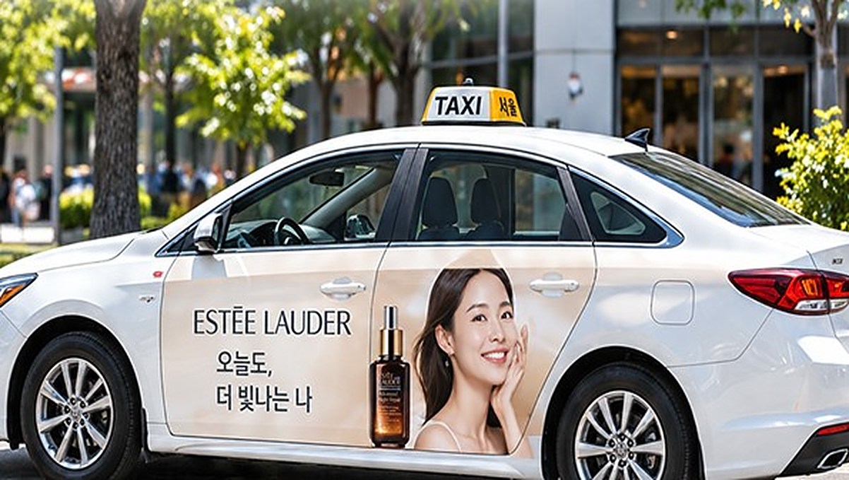 차체에 화장품 광고를 래핑한 택시