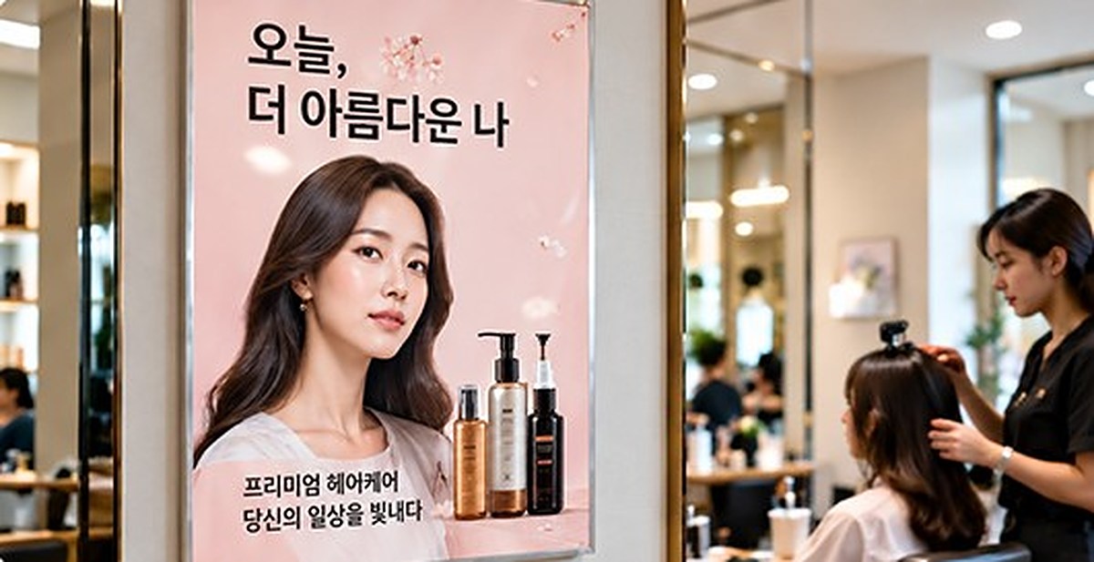 미용실 벽면의 헤어케어 광고 포스터