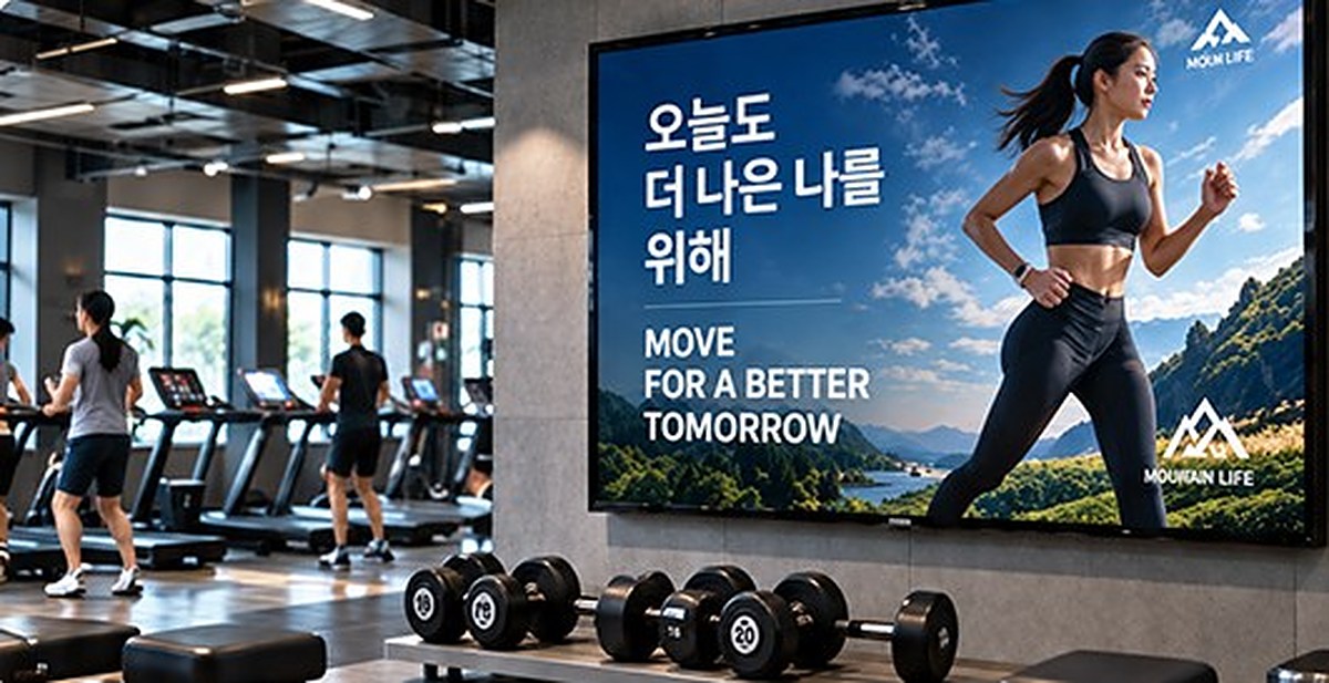 헬스장 대형 화면의 스포츠웨어 광고