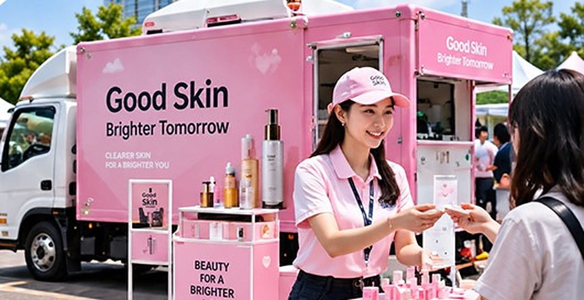 행사형 트럭 앞에서 화장품을 시연하는 홍보 인력
