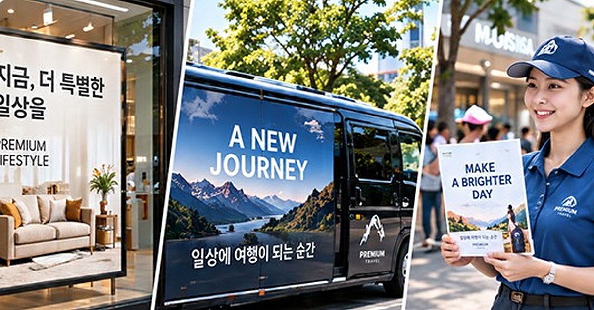 매장 광고, 광고 버스, 홍보 인력을 함께 보여 주는 콜라주