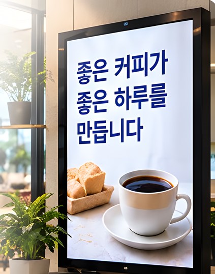 카페 입구 디지털 사이니지의 커피 광고