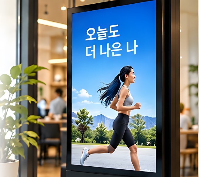 카페 안 디지털 사이니지의 러닝 광고